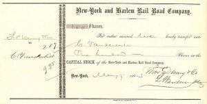 New York and Harlem Rail Road Co. issued to C. Vanderbilt - Railway Stock Certificate